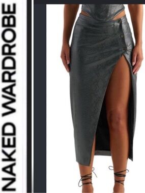 Naked Wardrobe 🩶 charcoal faux-snakeskin wrap midi skirt with high slit